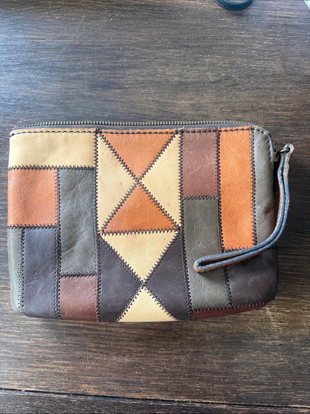 Patchwork Leather Wristlet Clutch — Tri-Tone Geometric Design